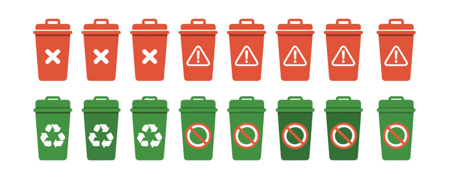 Red and green trash bin icons for waste classification and warnings on transparent checkered background set.
