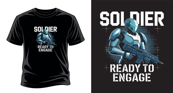 Futuristic robot soldier vector illustration for tshirt design with ready to engage text on black background. Vector art print templet.