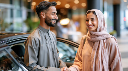 Fototapeta premium A Middle Eastern couple in soft traditional attire steps softly into a bright modern luxury electric sedan at a calm modern hotel in natural daylight luxury sedan open faces