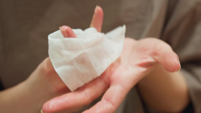 Closeup hands forming wet wipe ball, gentle athome skincare moment, person presses textured cotton sheet into palm, visible moisture on fingers, soft warm lighting, calm domestic setting