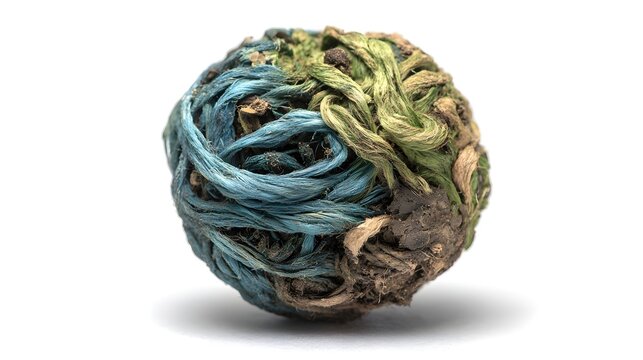 Dried blooming green tea ball with blue threads and soil isolated on white background with selective focus and copy space