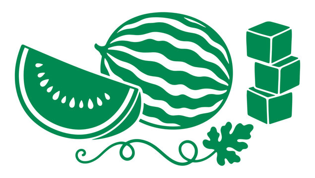 Green watermelon icon with slice, cubes, and leaf on white background illustration