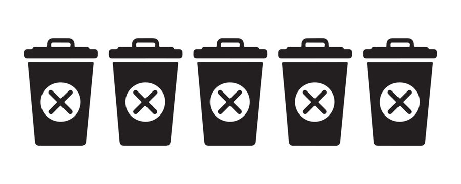 Set of five trash can icons with a cross mark symbol inside indicating an error or deletion or invalid action.
