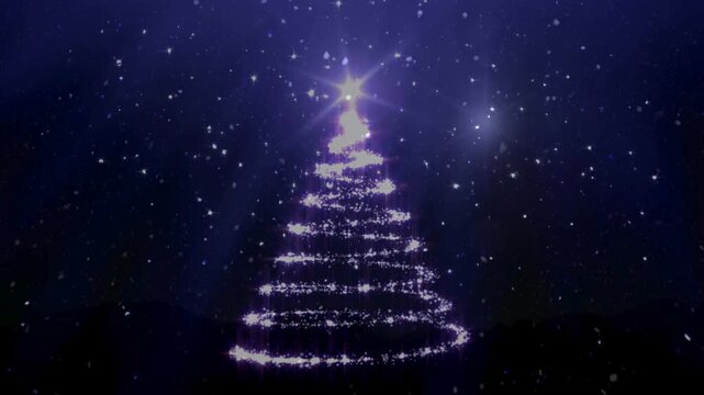 A beautiful spiral light streak forming an elegant glowing Christmas tree with a bright star topper on a dark purple starry sky with subtle falling snow.
