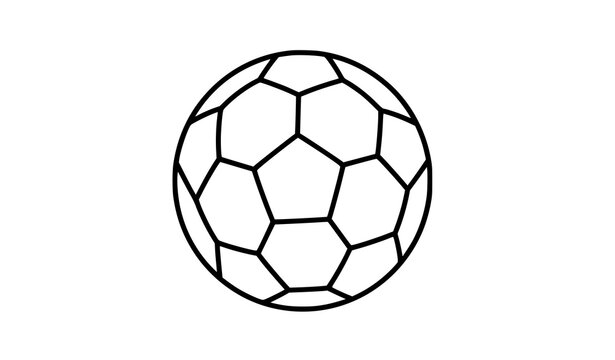 A black stroke vector illustration of a classic soccer ball icon on a white background. Shows the traditional pentagon and hexagon pattern in a minimal, clean, flat line-art style. The icon is scalabl