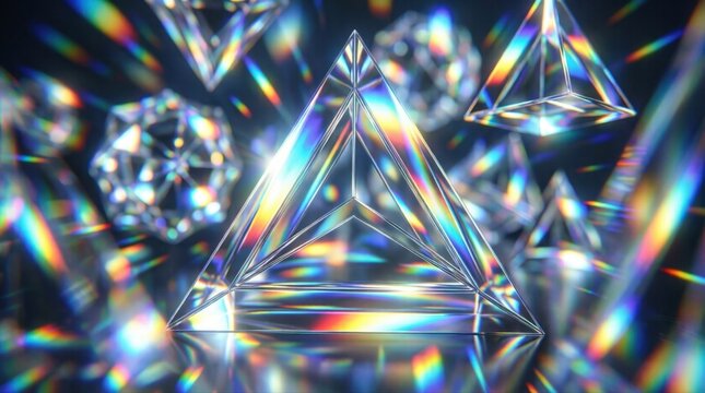 Glass triangular prisms refracting rainbow light against dark backdrop