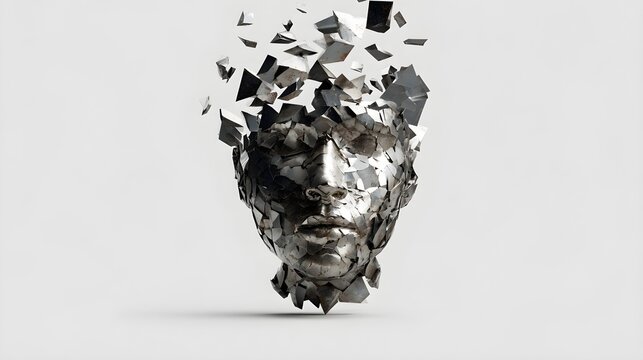 Shattering metallic human face sculpture exploding into abstract shards and broken pieces isolated on clean white background with copy space