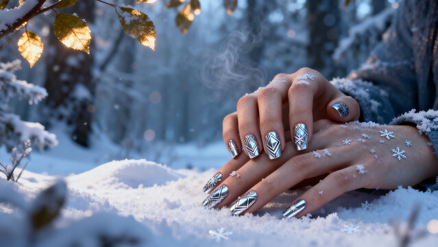 Close-up of elegant winter manicure on hands holding snow with festive lights background