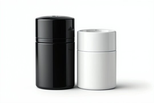 Two blank cylindrical containers, one black, one white, sit on a white surface. These are often used for herb grinding, offering a clean modern design for various uses.