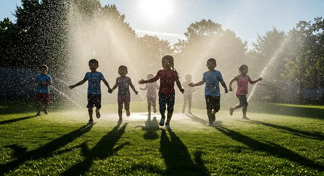Group of Children Cooling Off and Enjoying Summer Fun Under Water Sprinklers in Park