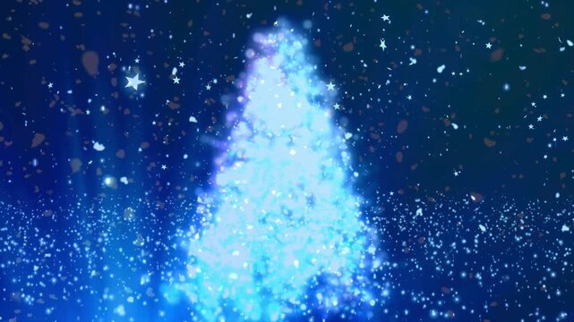 Magical glowing blue light particles forming a abstract sparkling Christmas tree shape with falling stars animation on dark blue bokeh background for holiday celebration.