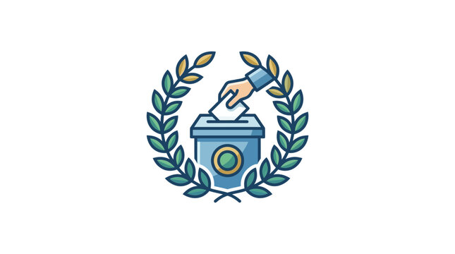 Hand Placing Vote in Ballot Box Inside Laurel Wreath Emblem - Election Concept