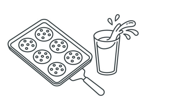 Hand-drawn illustration of freshly baked cookies on a baking sheet next to a glass of splashing milk.