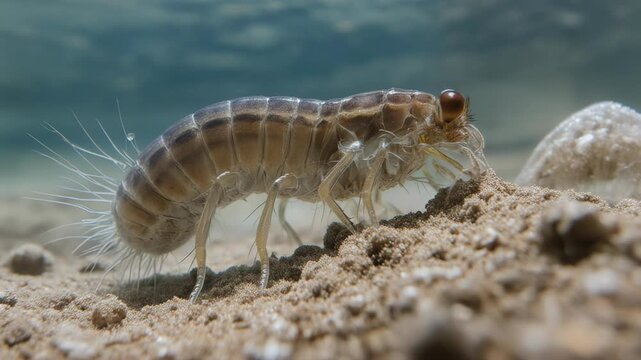 Extreme close-up underwater macro footage of a small amphipod crustacean moving on sandy seabed, cinematic lighting, symbolizing nature's intricate details