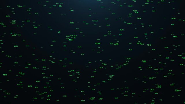 Floating financial data numbers on dark digital background with futuristic analytics visualization and stock market motion animation.