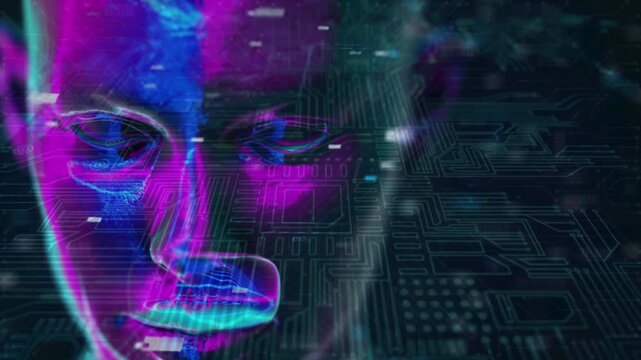 Futuristic humanoid robot face glowing with purple and cyan neon outlines overlayed on an intricate dark green electronic motherboard circuit background.