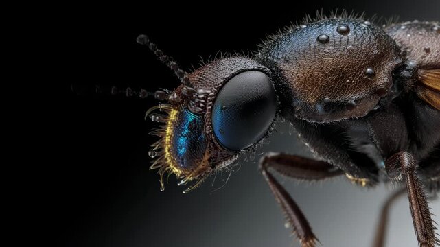 Extreme macro photography of an insect with iridescent blue eyes and fine hairs, showing intricate details and water droplets under cinematic lighting