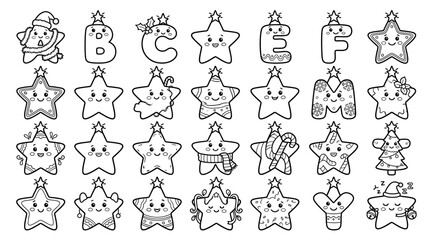 Fototapeta premium Cute Christmas Alphabet Letters and Stars with Faces - Hand Drawn Style