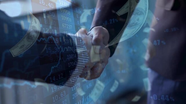 Close up handshake with blue stock chart data and multiple floating paper money banknotes overlay, symbolizing high value trade deals and financial payouts.