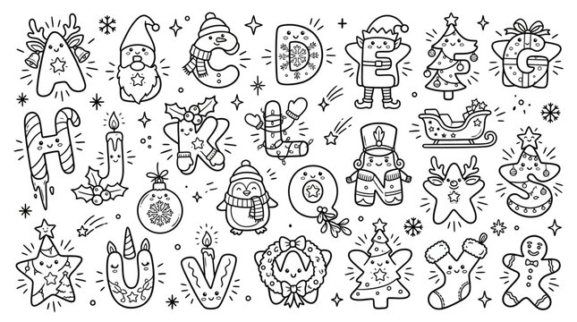 Cute Christmas Doodles: Alphabet Letters, Characters, and Symbols