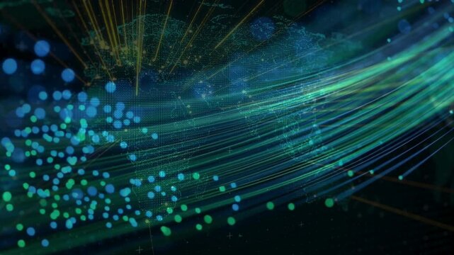 Digital 3D world map combined with glowing particle streaks and fast fiber optic light trails, showcasing global connectivity and international internet fiber optic communication.