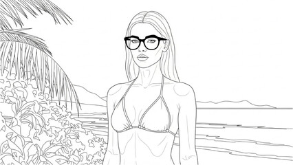 Woman in bikini and glasses stands by beach with palm trees and 2D CAD Vector illustration © Stock Image Paradise