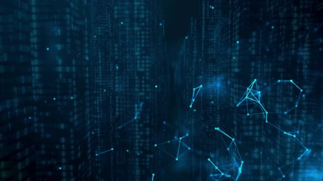 Blue digital background featuring a binary code matrix and moving plexus network lines, representing big data, machine learning, and cybersecurity concept.
