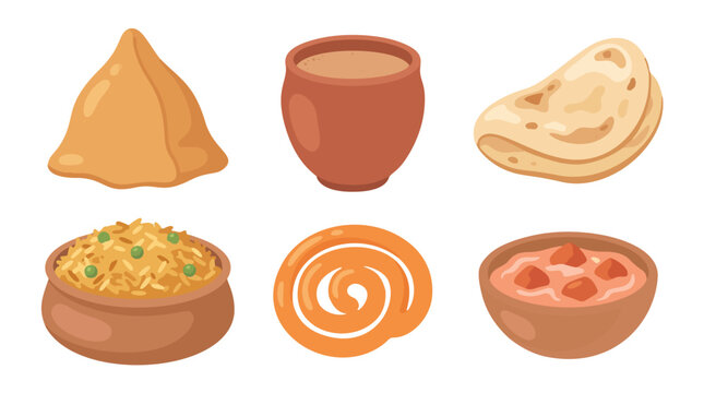 Cute cartoon traditional indian food and cuisine dish set vector illustration