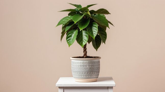 Green Pachira Aquatica plant with braided trunk stands in decorative pot. Healthy plant foliage thrives indoors on simple table against plain background. Houseplant gains popularity for aesthetic