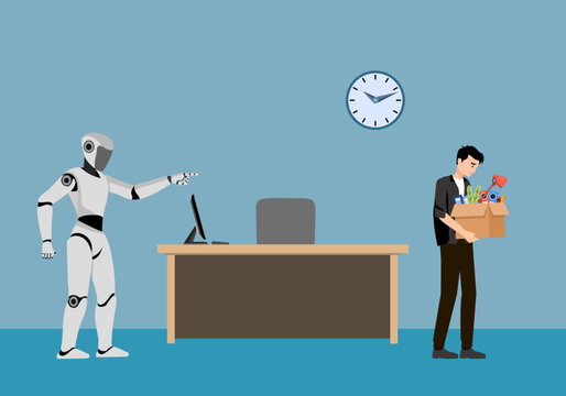 Artificial Intelligence is replacing humans. AI robot fires an employee. Unemployment, job loss due to technological progress, layoffs.