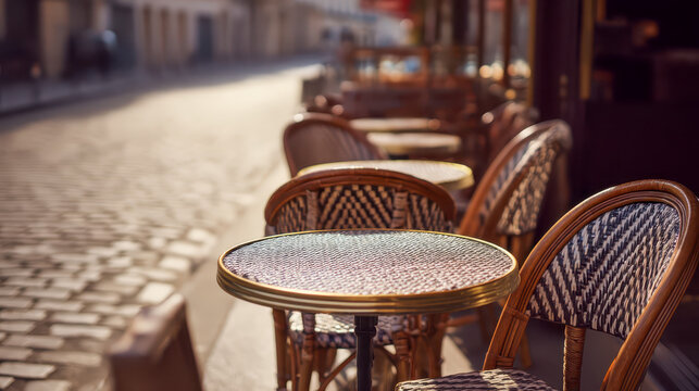 Empty bistro table and woven rattan chairs on sunlit Parisian cobblestone street cafe terrace, classic French sidewalk cafe and travel destination