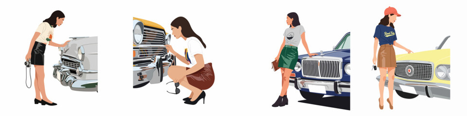 Set of vector illustrations of young women posing with classic vintage cars, depicting themes of travel, road trips, and retro fashion aesthetics. © Mustajib