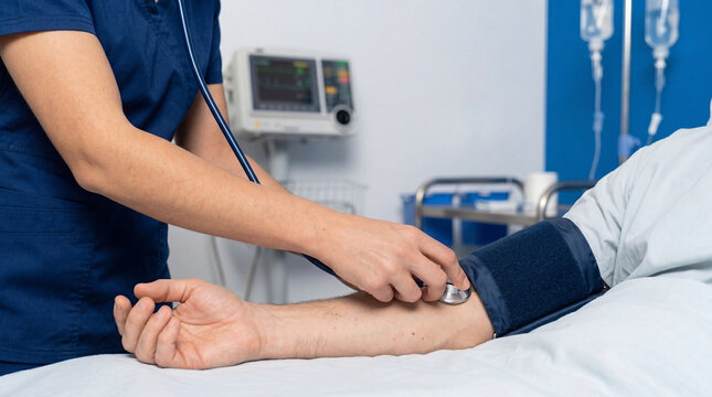 Nurse Checks Patient Blood Pressure In Hospital