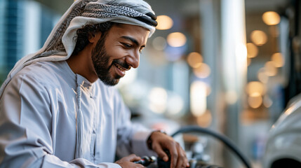 Obraz premium A confident Middle Eastern man in a soft thobe with ghatra and agal pumps softly a calm bright tire at a modern gas station in natural daylight tire pump open face modern
