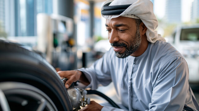 A confident Middle Eastern man in a soft thobe with ghatra and agal pumps softly a calm bright tire at a modern gas station in natural daylight tire pump open face modern