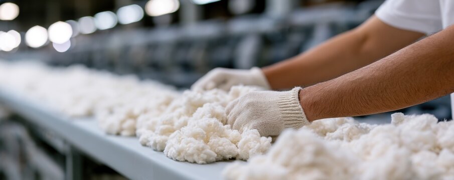 Factory worker sorting raw cotton on processing conveyor