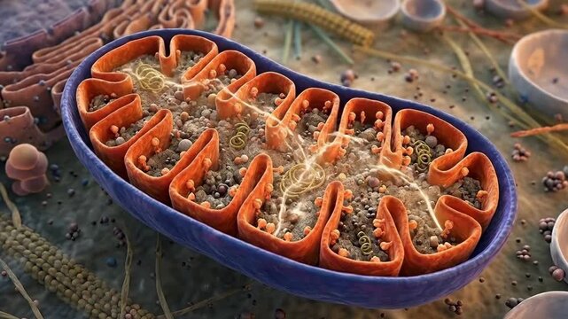 Mitochondrion, vital cellular organelle generating energy through biological process, glowing brightly inside a microscopic world, powering cell function.