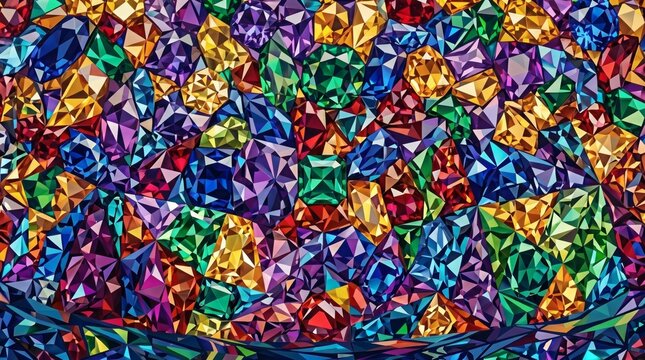 A dense and vibrant background filled with a treasure hoard of multi-colored cut gemstones, crystals, and diamonds in a stained-glass style pattern.