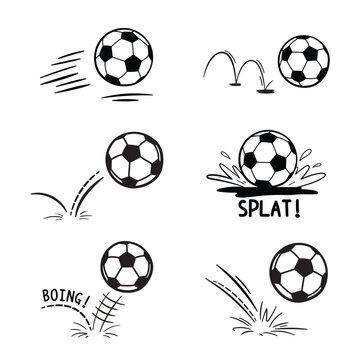 Cartoon doodle of soccer ball bouncing in various direction featuring lines, curves vector isolated clip art. Collection set of soccer balls movement for asset, design, comic, 
