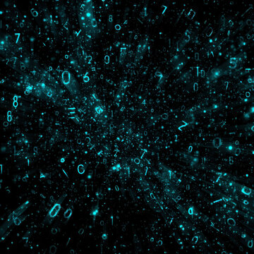 Abstract digital background with glowing cyan number symbols and scattered data particles in dark space
