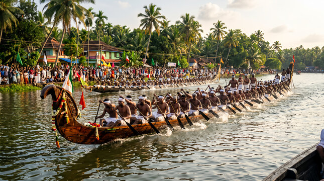 Kerala Snake Boat Race During Onam Festival with Crowds Along Backwaters Celebrating Tradition