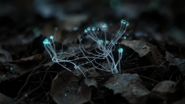 Close-up microscopic view of bioluminescent mycelium network growing on decaying leaves, animated with gentle pulsing light, symbolizing nature's hidden processes