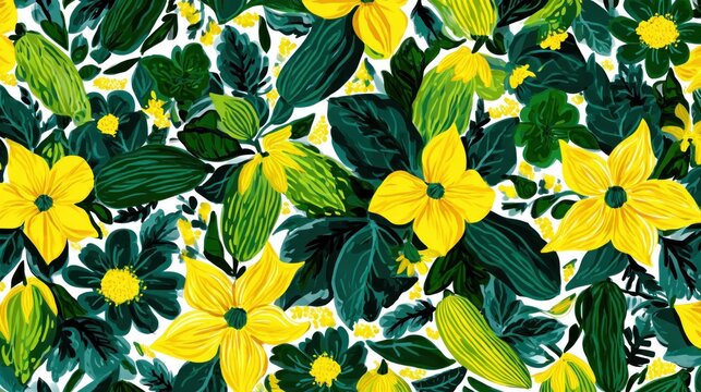 Vibrant yellow blossoms and deep green foliage create a dynamic floral repeating pattern against a white background.