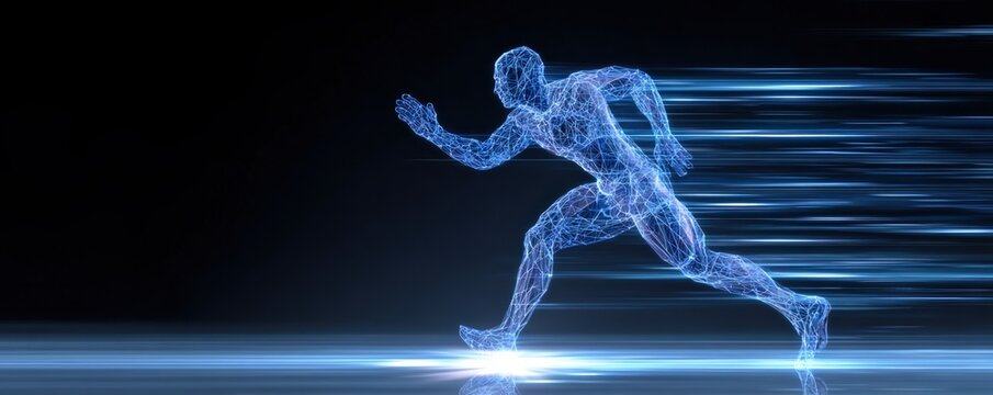Glowing blue wireframe runner with motion trails and dynamic streaks