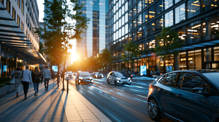 Obraz premium A wide view of a calm bright modern city downtown with soft electric vehicles and pedestrians in natural daylight modern downtown faceless wide view sunny outdoors daylight