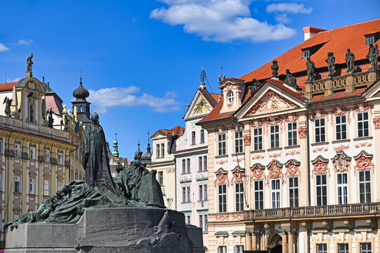 Jan Hus Memorial and Kinsky Palace Facade in Old Town Square Prague