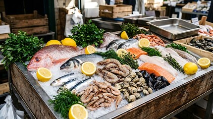 Obraz premium Fresh seafood on ice display.
