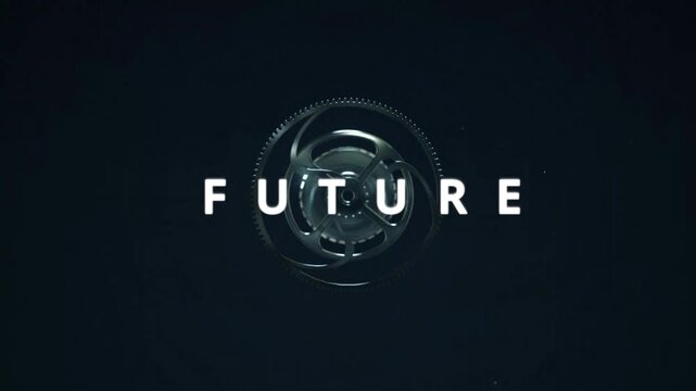 Futuristic metallic gears and cogs rotating in dark background with glowing text
