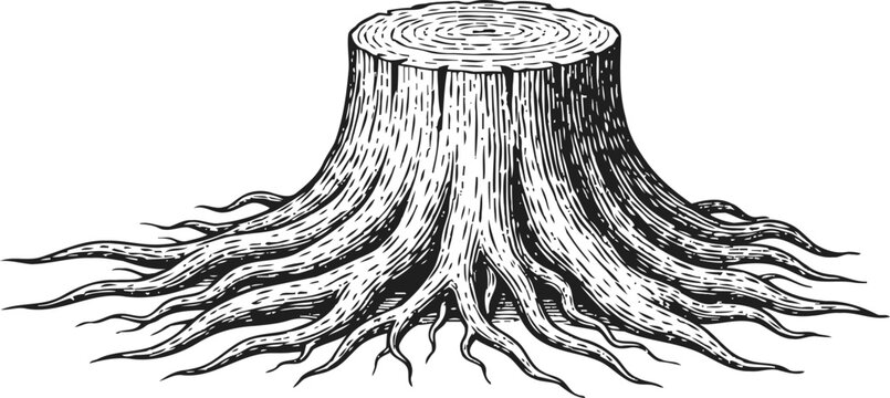 engraving tree stump with roots vintage nature wood trunk illustration