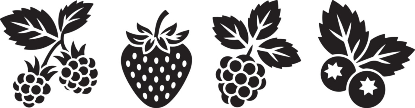 Black silhouette berry icons set isolated on transparent background with strawberry raspberry blackberry and blueberry elements.